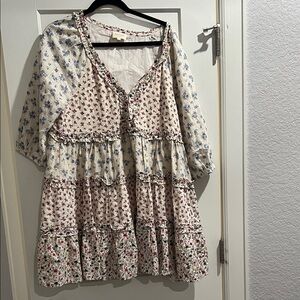 Sezane Floral Patchwork Mini Dress in Cream, Red & Blue